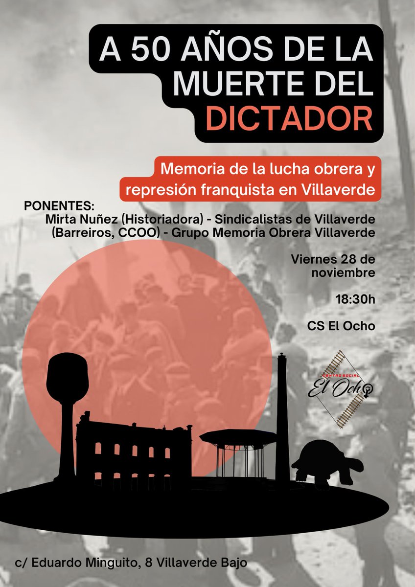A 50 años de la muerte de Franco: Memoria de la lucha obrera y represión franquista en #Villaverde

🗓️ Viernes 28 a las 18:30h con sindicalistas de Barreiros CCOO, el Grupo de Memoria Obrera y Mirta Núñez (Historiadora)

✊ Porque fueron, somos ✊