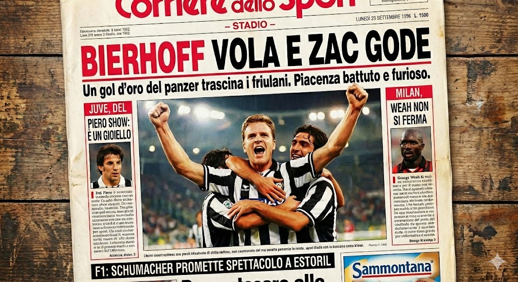 PESSimulation's tweet image. Across the Italian press this morning — Gazzetta, Corriere, Tuttosport — the verdict is unanimous:
Oliver Bierhoff was man of the match. His crucial equaliser and towering performance underline that the German striker could be Udinese’s key weapon this season. 📰⚽