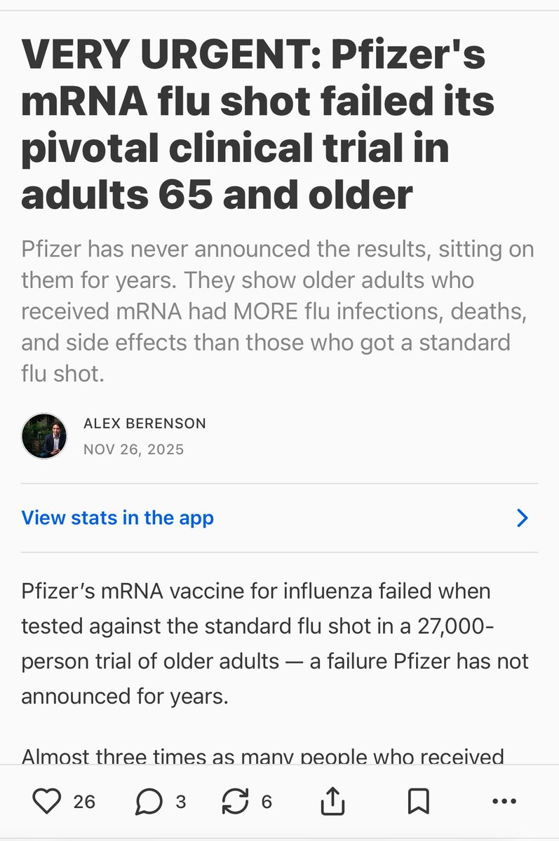 AlexBerenson's tweet image. New Substack, on Pfizer’s missing (and failed) mRNA flu vaccine trial
