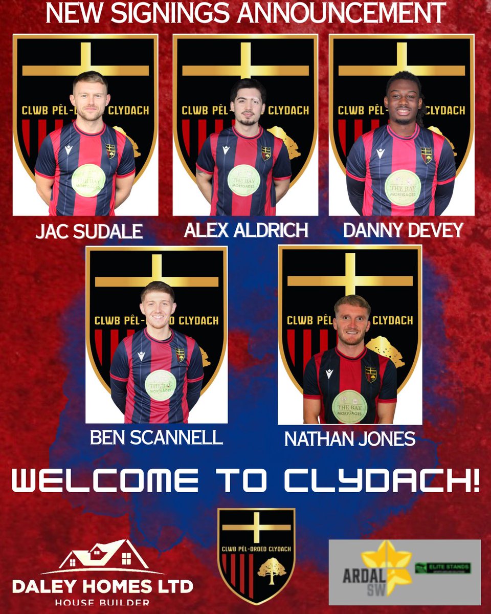 ClydachFC's tweet photo. We welcome new signings Jac Sudale from Ynys, Alex Aldrich, Ben Scannell &amp; Nathan Jones from Pontardawe Town, and Danny Devey from Baglan Dragons

We can’t wait to see you in action! 

Anyone interested in player sponsorship please contact us via any of our social media platforms https://t.co/b0BzfZG6V2