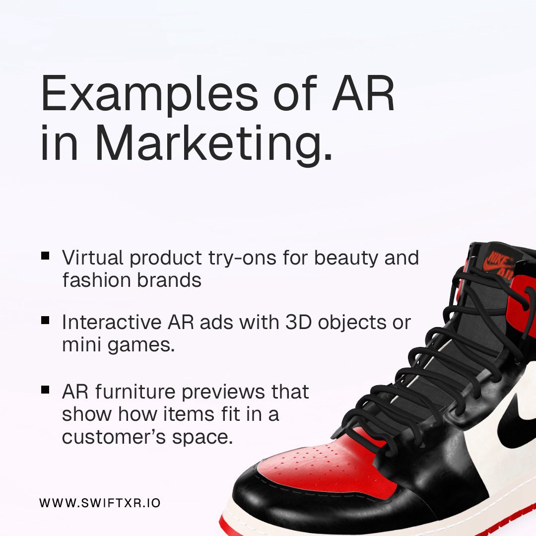 swiftxr_io's tweet image. Looking for a way to rise above the competition?

AR transforms how people connect with your brand by delivering immersive, unforgettable experiences.

👉 Swipe to see why AR is a powerful tool for modern marketing.

#ecommerce#augmentedreality#smallbusinessowner