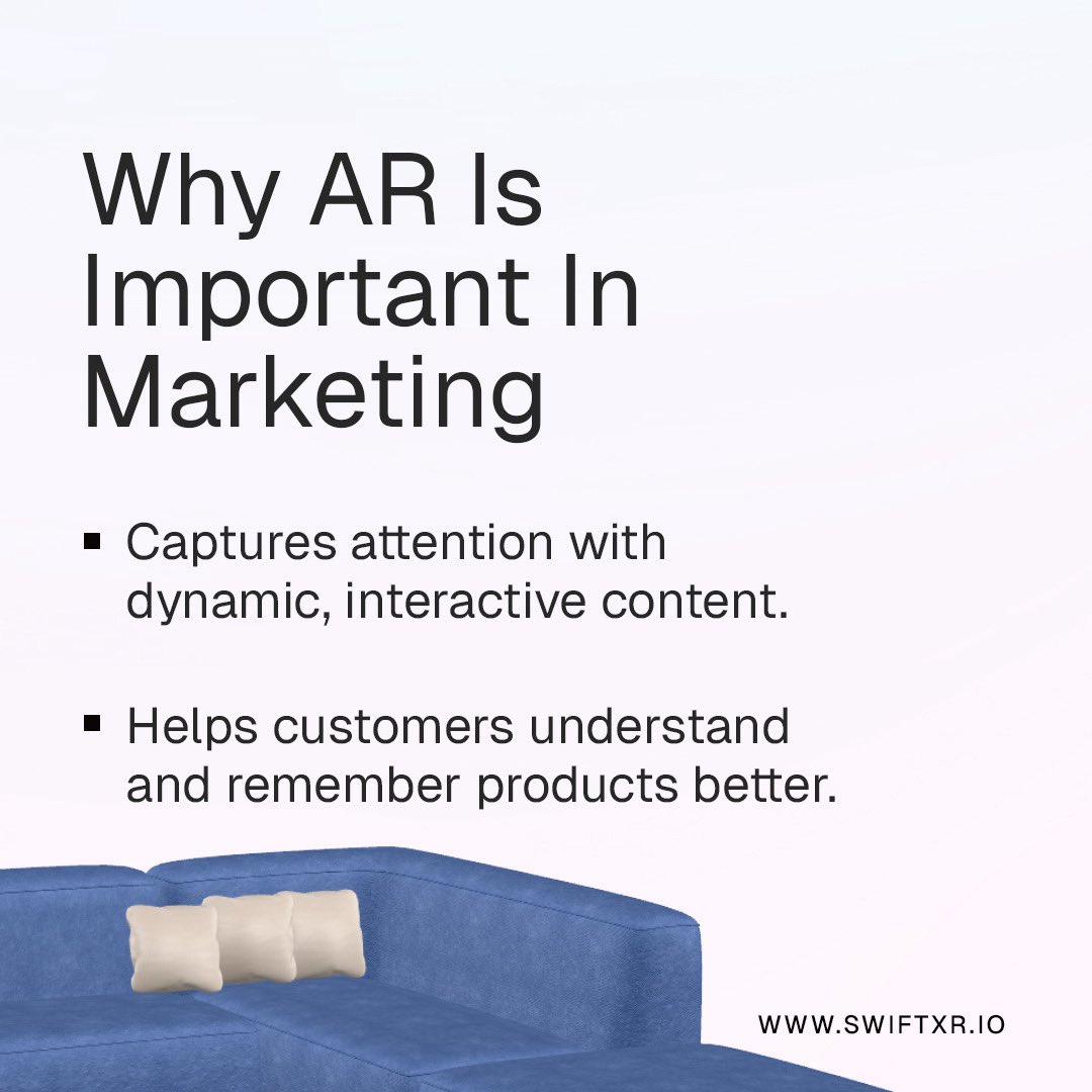 swiftxr_io's tweet image. Looking for a way to rise above the competition?

AR transforms how people connect with your brand by delivering immersive, unforgettable experiences.

👉 Swipe to see why AR is a powerful tool for modern marketing.

#ecommerce#augmentedreality#smallbusinessowner