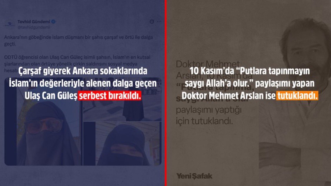 Birileri çarşafla alay edip İslam’ın değerlerini aşağılayınca “ifade özgürlüğü” deniyor; ama Allah’a yönelen bir uyarı paylaşılınca tutuklama geliyor.

Bu ülkede korunan kutsal belli ki İslam değil, putlaştırılan ideolojilerdir.

#KutsalDeğerlerHedefte