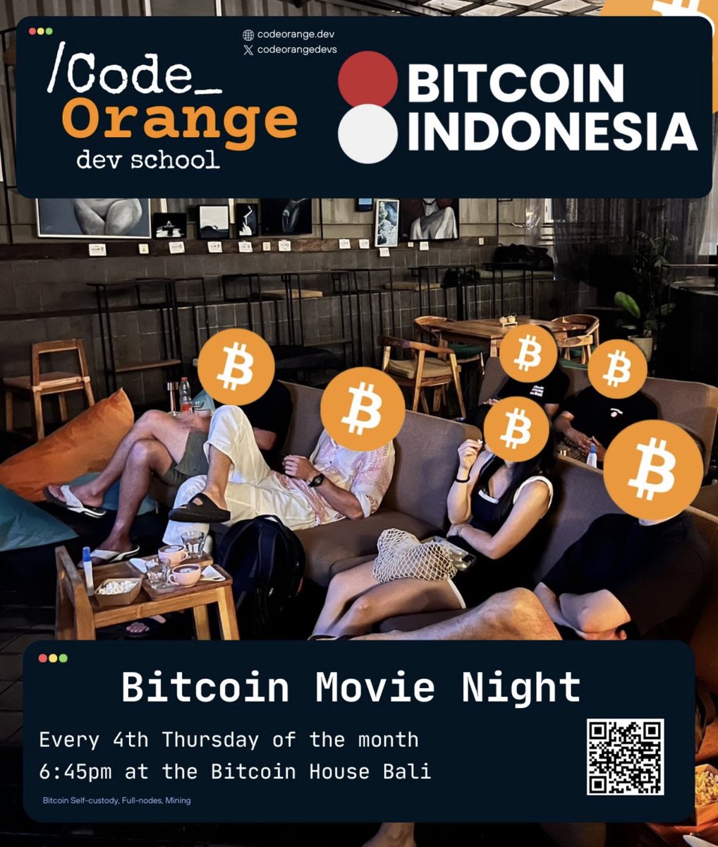 CodeOrangeDevs's tweet image. See you at the movie night tomorrow!

⏲️Every 4th Thursday of the month 6:45pm
📍Bitcoin House Bali