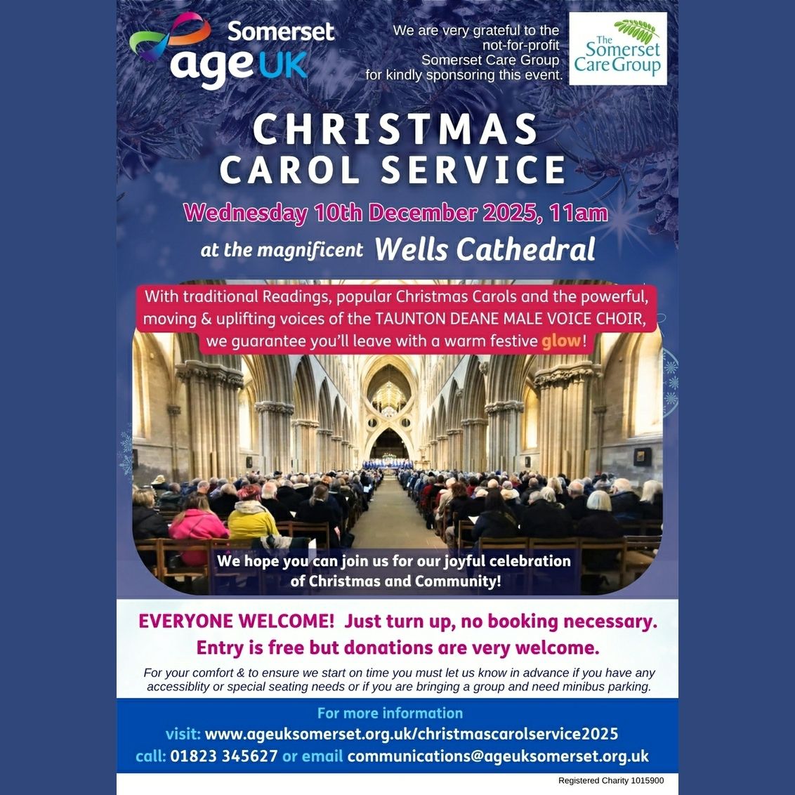 AgeUKSomerset's tweet photo. 2 weeks to go until our #ChristmasCarolService at @WellsCathedral1 with @tauntondeanemvc!  Weds 10th December, 11am. Everyone welcome!
Thanks to @SomersetCare for their kind sponsorship. 

https://t.co/3eve2SPsks 

#whatsonsomerset #WellsCathedral #SomersetCare #FreeEvent https://t.co/8PUaCXoEQl