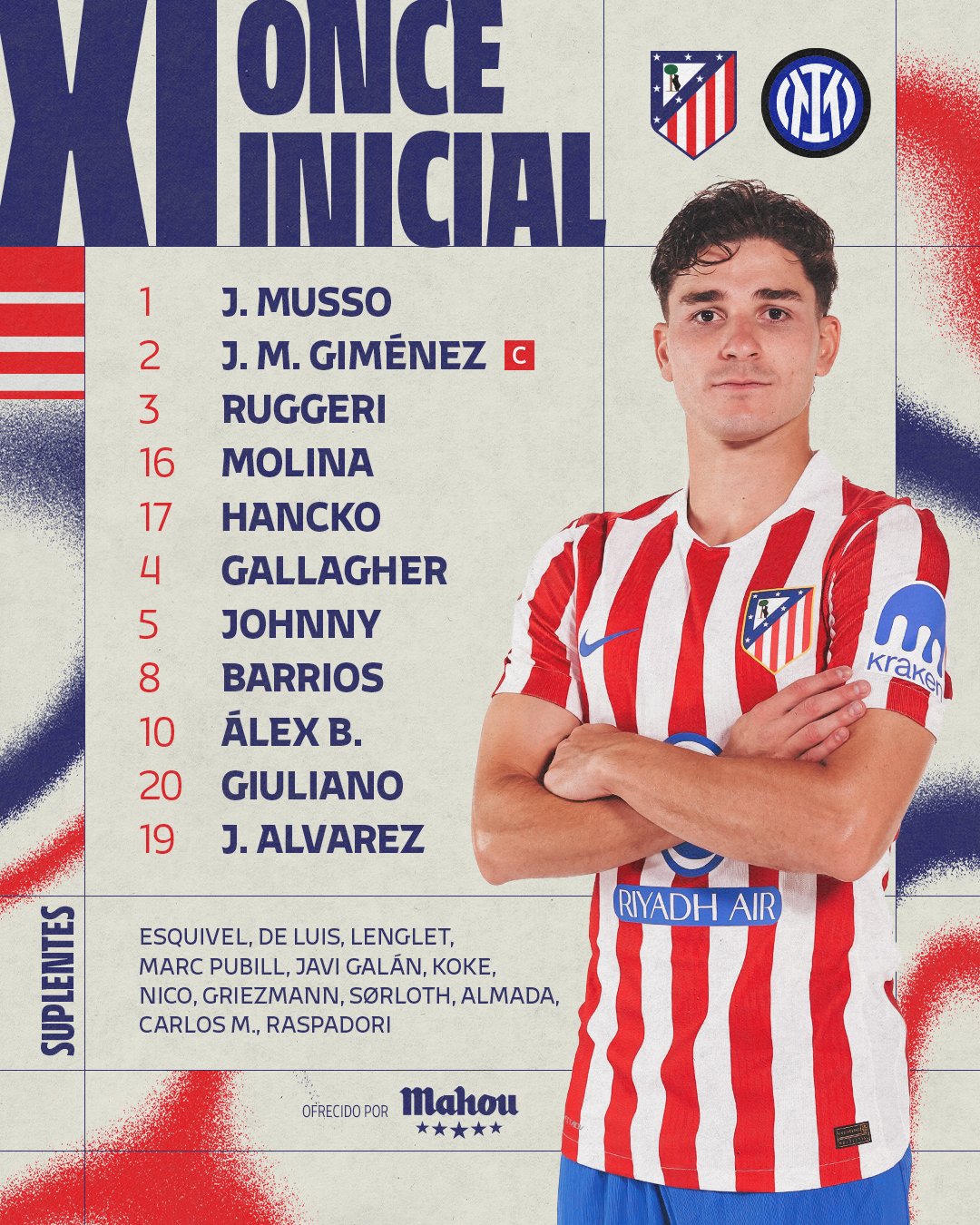 Alineación del Atlético de Madrid ante el Inter.