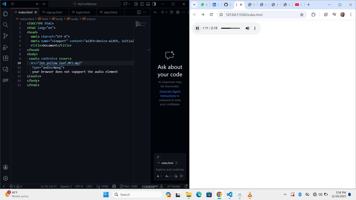 AguzieExcellent's tweet image. Starting to share my frontend progress!
Today I practiced links, audio, videos, and resizing media. 💻
#HTML #FrontendDevelopment #LearningInPublic