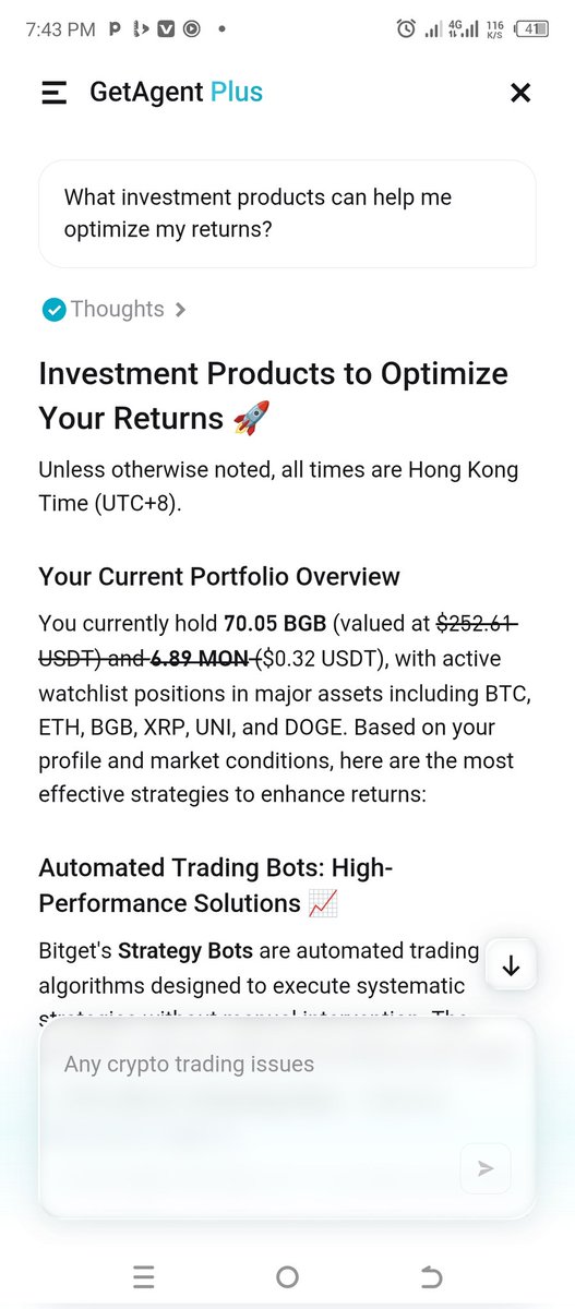yusufmusatsauri's tweet image. Bitget GetAgent is such a an amazing AI assistant developed by @bitget to help traders with an insight, analysis and suggestions on how to minimize loss and increase our gains.

More Interesting you can used it free in your @bitget App.
@bitget #Bitget #GetAgent
