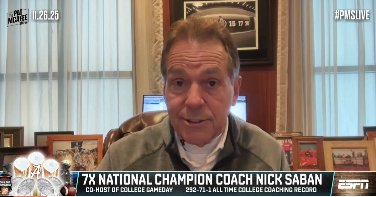 It's the Wednesday afternoon before Thanksgiving and Nick Saban is in his  office at Bryant-Denny Stadium wearing an Alabama turtleneck. "I'm at the  office working, man. Working," he told @PatMcAfeeShow.