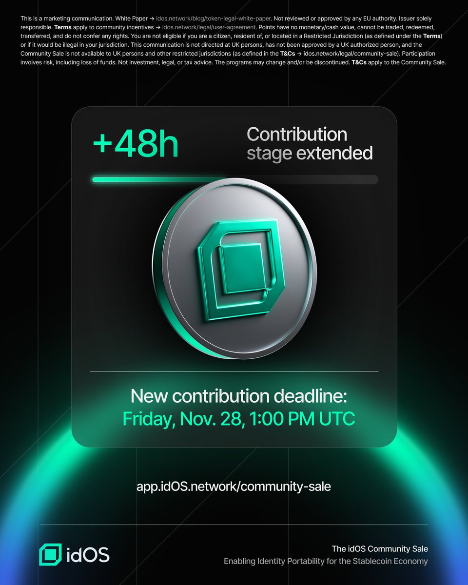 frestopher's tweet image. HERE WE GO, idOS ARMY! 🔥🔥

@idOS_network just dropped the BEST news:  
COMMUNITY SALE EXTENDED 48 HOURS! ⏰  
New deadline → Friday, Nov 28 @ 1 PM UTC!

We’re already at ~50% soft cap with 720+ legends on board… but we’re not done yet!  
This is YOUR chance to own the future…