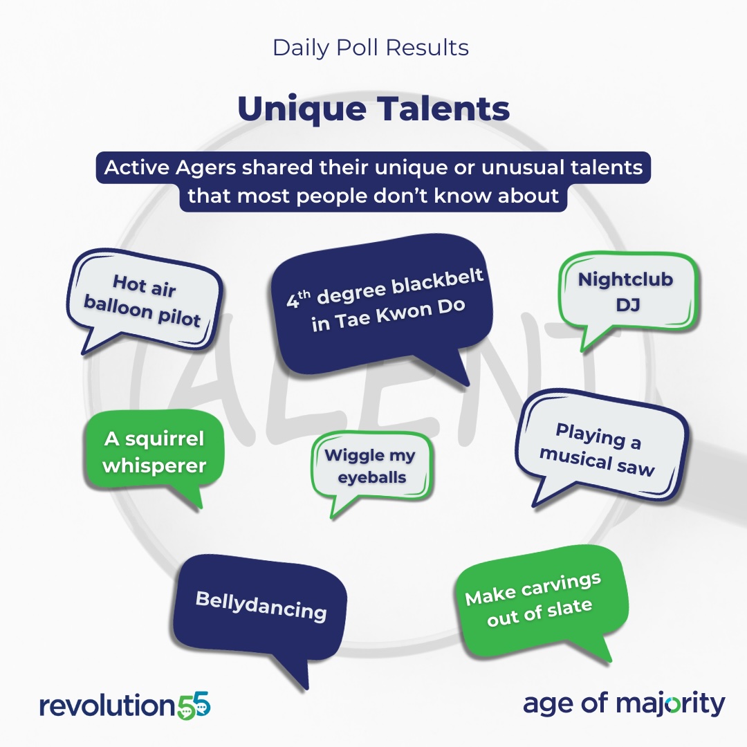 AgeofMajority's tweet photo. Most people have at least one unique or unusual talent and #ActiveAgers are no exception. I particularly like the squirrel whisperer and the one individual who can wiggle their eyeballs (although I'n not really sure what that looks like!). https://t.co/X2XazyQn6g