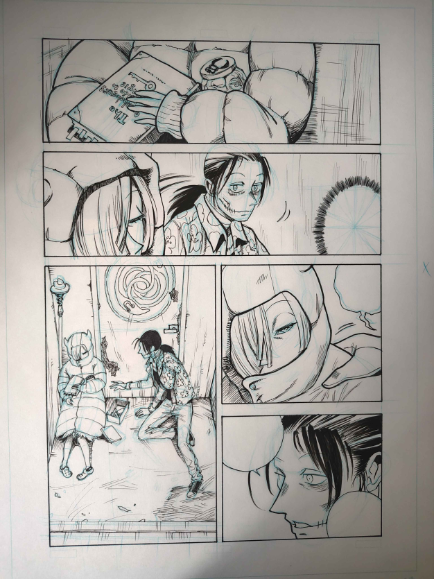 FancyRook's tweet image. Pages scanned at 300 dpi or higher are going to smack you in the face with how ugly they are. In reality, we never look at artwork this close. Downscaling is the secret- it mirrors our natural viewing experience.

(Raw versus 100% scale)