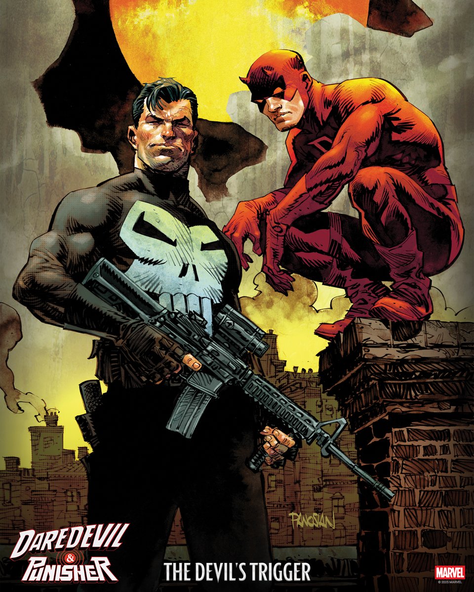 MarvelComicsHQ's tweet image. Frank Castle’s battles have erupted onto the streets of Hell’s Kitchen, threatening to tear it apart. But not if the Man Without Fear has something to say about it. 

Daredevil/Punisher: The Devil’s Trigger #1 is on sale now.