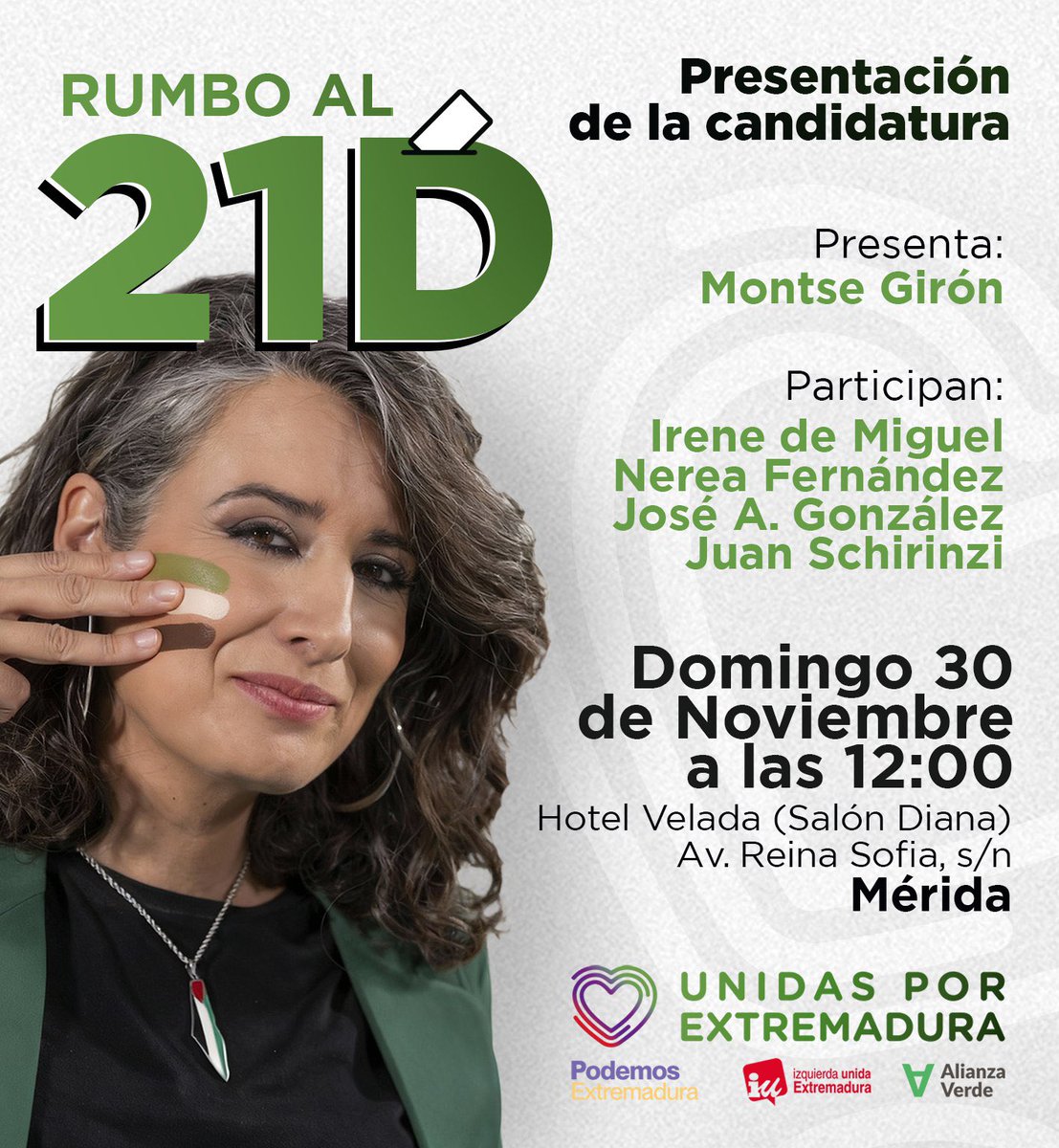 IrenedeMiguelEx's tweet photo. Este domingo te esperamos en Mérida para presentarte a toda la gente que nos acompaña en la candidatura y que se va a dejar la piel este 21D porque Extremadura se merece mucho más. https://t.co/5gsCVyPjqR