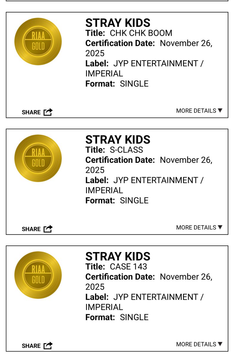 TheePopCore's tweet image. Stray Kids have updated their RIAA certifications in the US:

• God’s Menu — Platinum
• LALALALA — Gold
• KARMA — Gold
• Chk Chk Boom — Gold
• S-Class — Gold
• Case 143 — Gold

With this, Stray Kids extend their lead as the Korean act with the most RIAA-certified albums in…