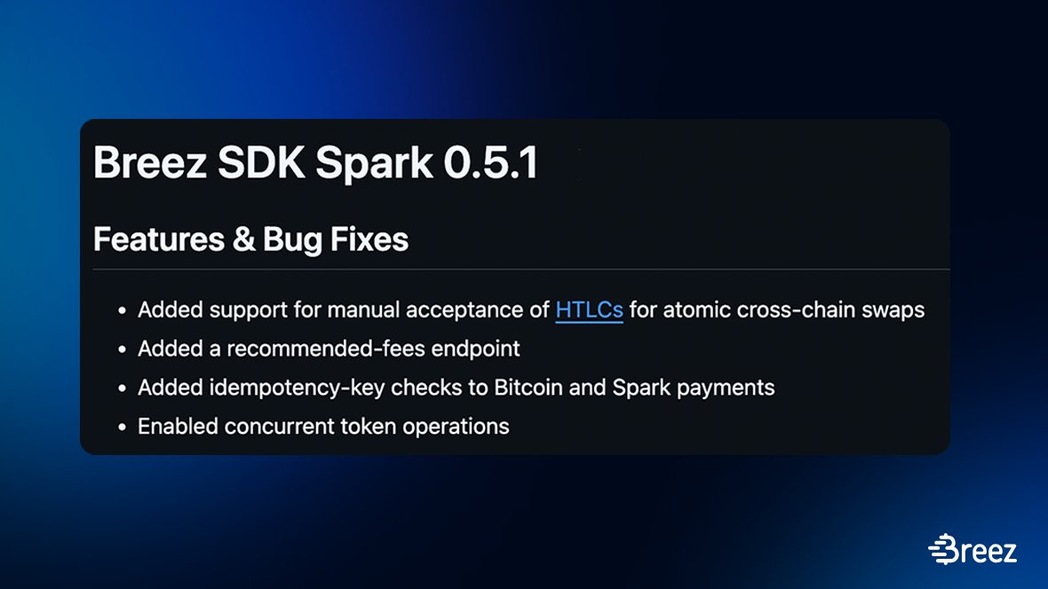 Breez_Tech's tweet image. We have a new Breez SDK update 👀

Want to implement atomic swaps on @spark? You now can with HTLC support.

Check the release notes for more updates and the latest features 📝🧵