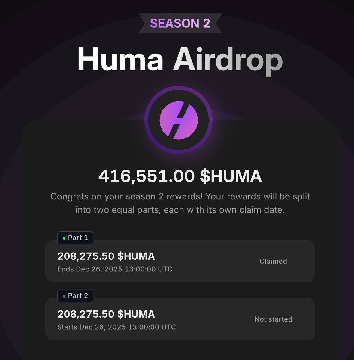 提醒一下今天huma又可以收菜了

真是一个一分耕耘一分收获的项目
从来没有爆过雷，没有任何反撸
币价也基本稳定，
之前的跌是因为真金白银给了很多空投出去
跌了也没人骂（大家都理解）

本周期或许是唯一一个老实人项目
不搞猫腻 不出问题 勤恳踏实

<a href="/DrPayFi/">Richard Liu</a> 牛逼