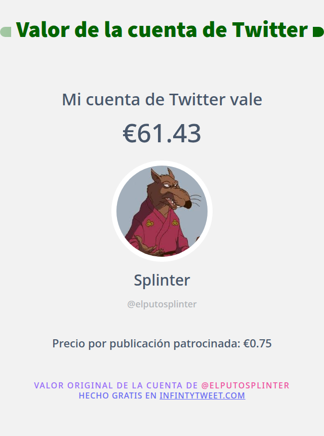 Mi valor en Twitter es de: €61.43

➡️ infintytweet.me/account-worth?…
