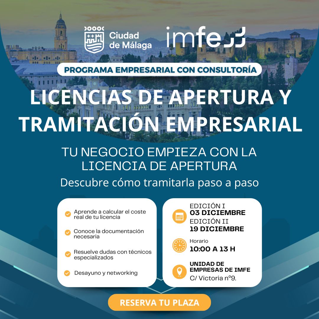 📢 El #IMFE pone en marcha dos #talleres sobre licencias de apertura: descubre cómo tramitarla paso a paso.

📅 Miércoles 3 de diciembre
📝 acortar.link/L5N3WB

📅 Viernes 19 de diciembre
📝 acortar.link/rDHklC

#Málaga #IMFEMálaga #Emprendedores 
<a href="/malaga/">Ciudad de Málaga</a> <a href="/MalagaJuventud/">Área de Juventud</a>
