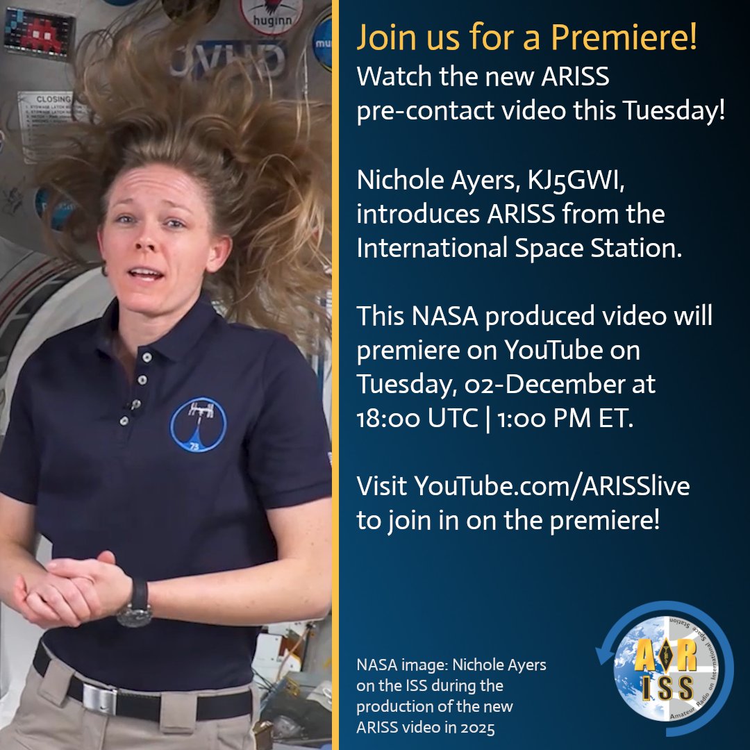 ARISS is excited to premier a new video all about Amateur Radio on the International Space Station! 

Thanks to <a href="/Astro_Ayers/">Nichole “Vapor” Ayers</a> who recorded this during her time on the <a href="/Space_Station/">International Space Station</a>!

Join us Tuesday 02-December on YouTube.com/ARISSlive for the big reveal!