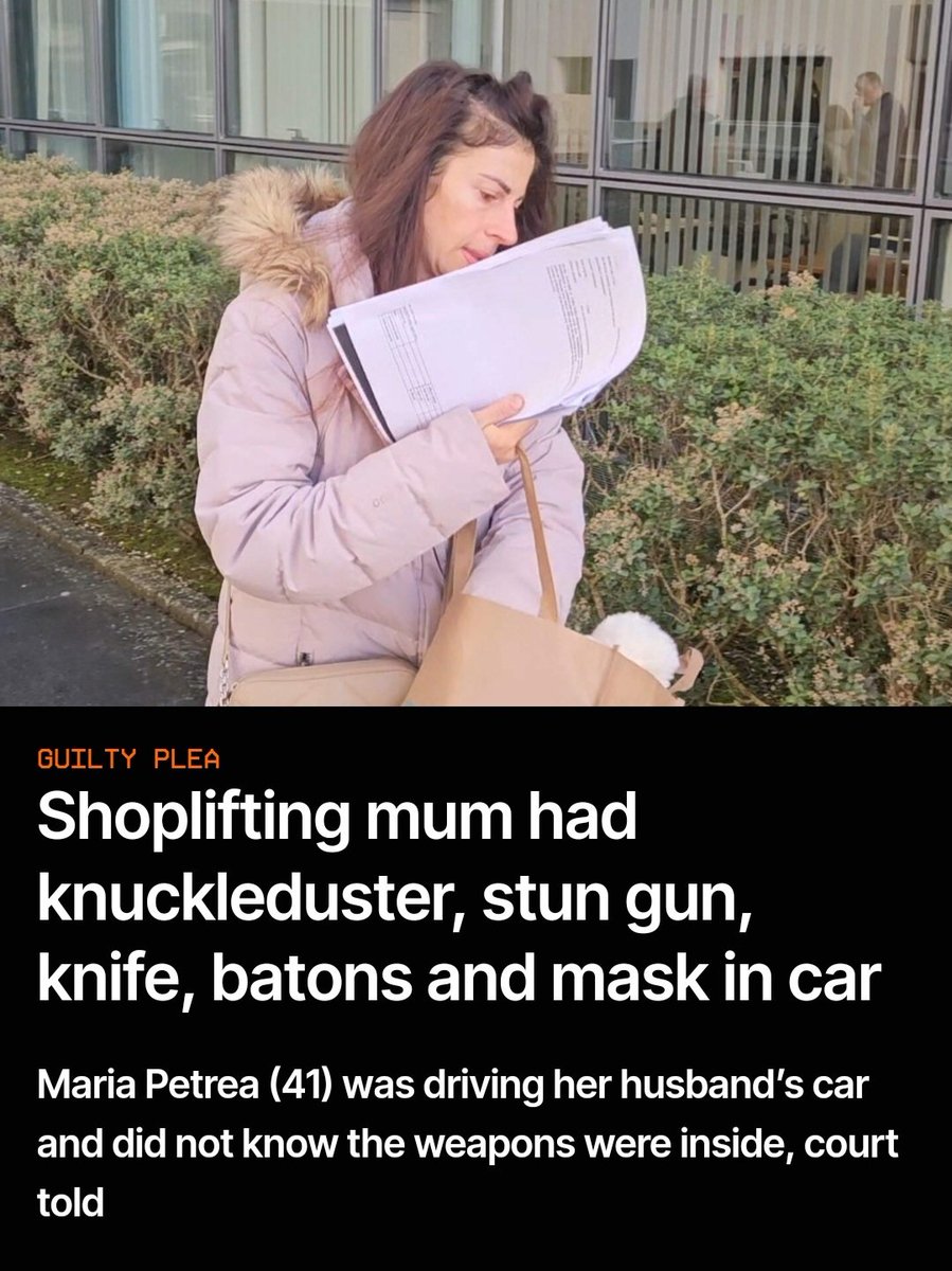 PeterPaulGuy's tweet photo. 🇮🇪 Ireland - 26th November 2025

Romanian national arrested for shoplifting in Dublin had knuckleduster, stun gun, knife, extendable batons & mask in car. 🇷🇴

Maria Petrea (41) was driving her husband’s car and claimed did not know the weapons were inside.

She also claimed her husband bought them while they were on holiday in Romania years earlier & they were “on sale in all the stands”. 🤨