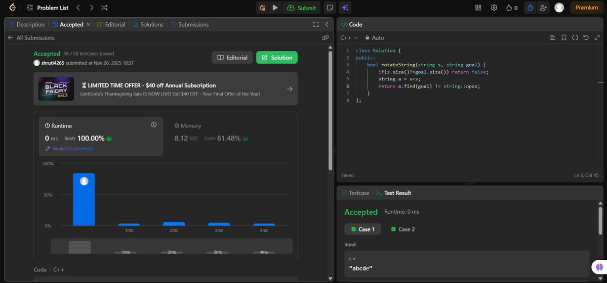ShrutiS45736639's tweet image. Day 53/100 #100DaysOfCode

A huge session on Strings today! 

Solved 4 classic problems: • Isomorphic Strings • Rotate String (Love the s+s trick!) • Valid Anagram • Remove Outer Parentheses

Feeling much more confident with string manipulation patterns.

#DSA #LearnInPublic