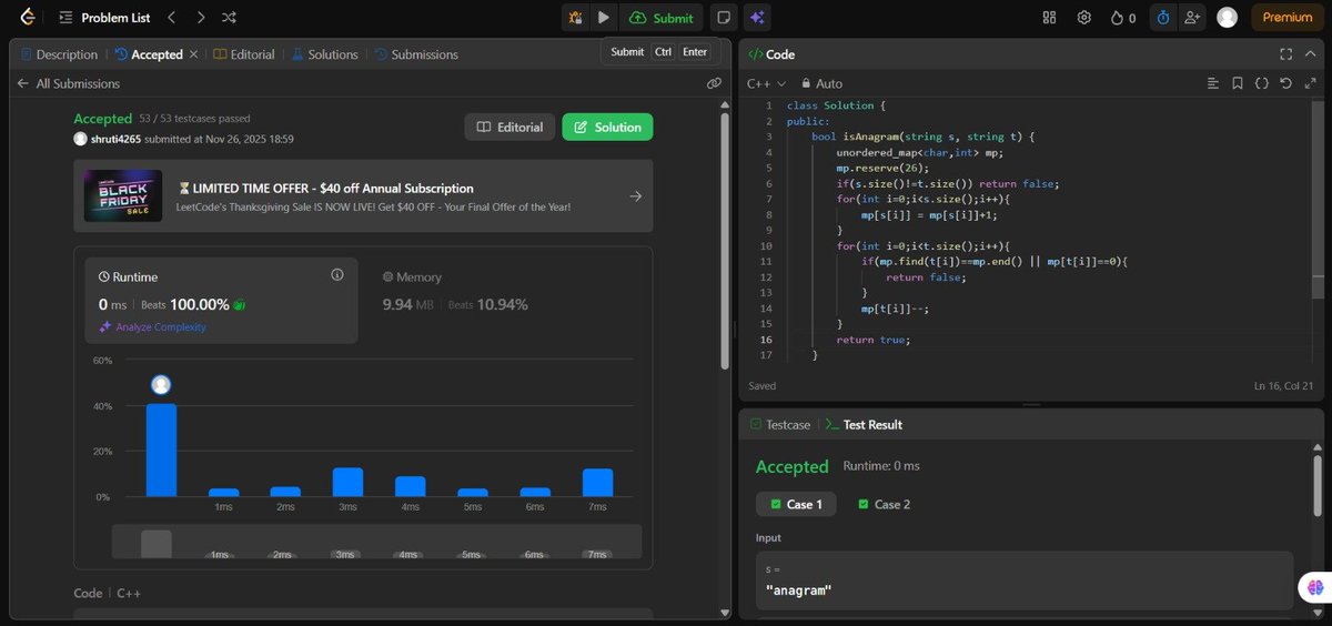 ShrutiS45736639's tweet image. Day 53/100 #100DaysOfCode

A huge session on Strings today! 

Solved 4 classic problems: • Isomorphic Strings • Rotate String (Love the s+s trick!) • Valid Anagram • Remove Outer Parentheses

Feeling much more confident with string manipulation patterns.

#DSA #LearnInPublic