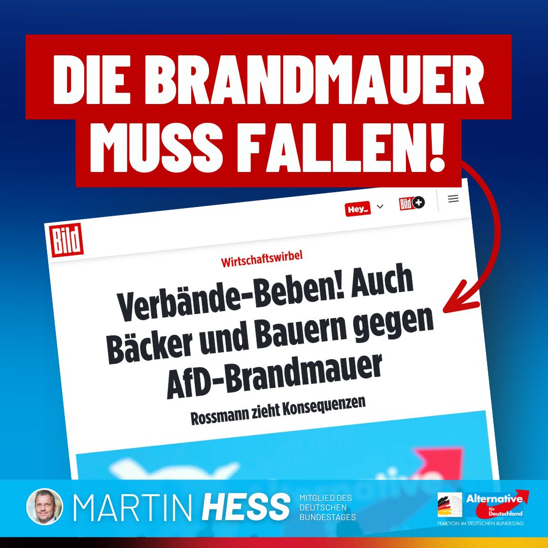 Immer mehr Vertreter aus der Wirtschaft öffnen sich der AfD. Nun fordern auch Bäcker und Bauern ein Ende der undemokratischen Brandmauer, denn sie haben verstanden: Deutschland braucht einen echten Politikwechsel. Und den gibt es nur mit unserer AfD in Regierungsverantwortung!