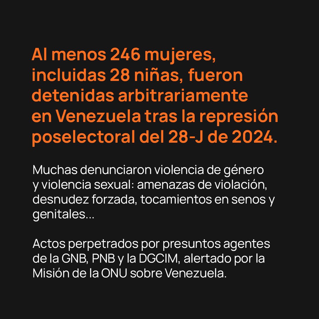 El riesgo de alzar la voz.

Más de 240 mujeres, incluidas 28 niñas, fueron detenidas en Venezuela tras la brutal represión poselectoral del 28-J, 2024.

Denunciaron violencia de género y violencia sexual: amenazas de violación, desnudez forzada, tocamientos en senos y