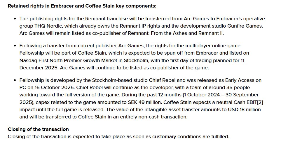 Wario64's tweet photo. Embracer Group divests Arc Games and Cryptic Studios

Embracer Group retains publishing rights to Remnant franchise. Rights for Fellowship retained under Coffee Stain 

https://t.co/vU64QfbOFR

https://t.co/Z8Gx6itzv5 https://t.co/Dy689pOT83