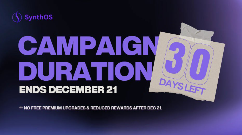 SynthOS__'s tweet image. 30 days left til SynthOS Waitlist Campaign Ends.

End date: 21 December 2025

After 21 December:
&amp;gt; Results get finalized
&amp;gt; No more free Premium Card upgrades
&amp;gt; All rewards get distributed

Join and upgrade your card before it’s too late.