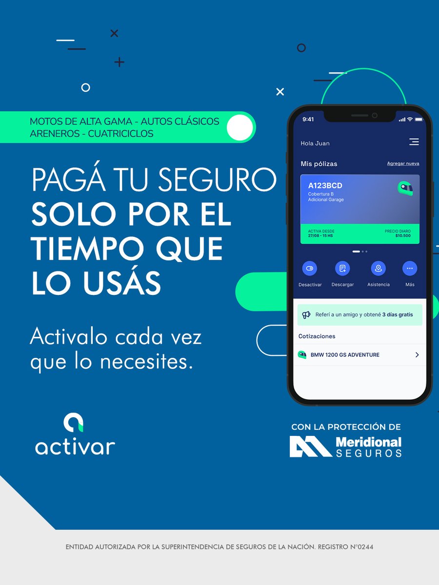 Descargá #Activar desde Playstore o App store y pagá tu seguro solo cuando lo usás! 🤳🏻🚗🏍️

😉👍 #Motos de alta gama, #AutosClásicos #Cuatriciclos y #Areneros!

👌Sumá una cobertura adicional de incendio o robo!

Todo con la protección de #MeridionalSeguros!