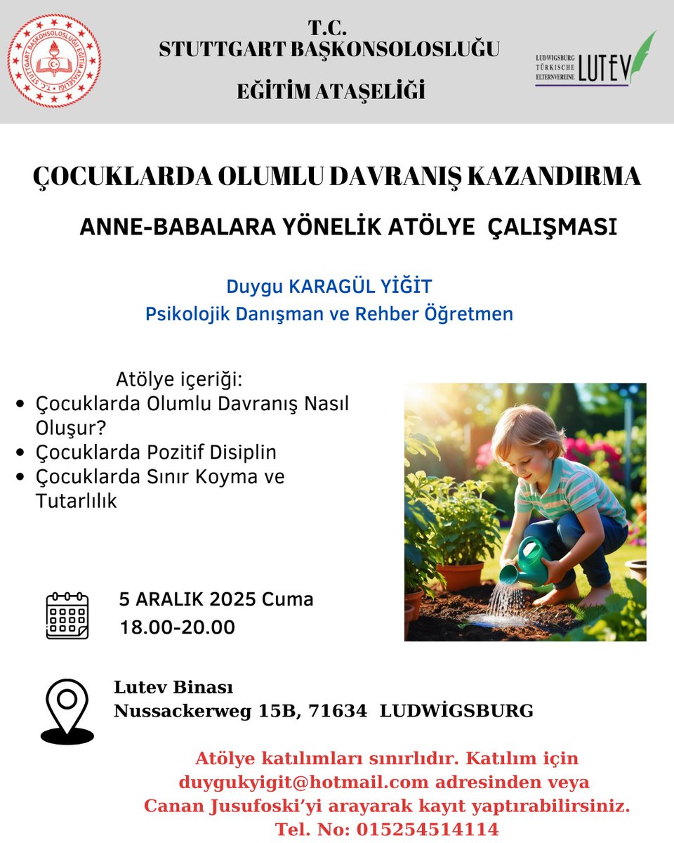 stuttgartegitim's tweet image. Psikolojik Danışman ve Rehber Öğretmenimiz Duygu Karagül Yiğit tarafından Ludwigsburg&apos;da verilecek olan &apos;&apos;Çocuklarda Olumlu Davranış Kazandırma&apos;&apos; konulu atölye çalışmasına davetlisiniz...
@tcmeb @mebabdigm @mebyyegm #egitimdiplomasisi