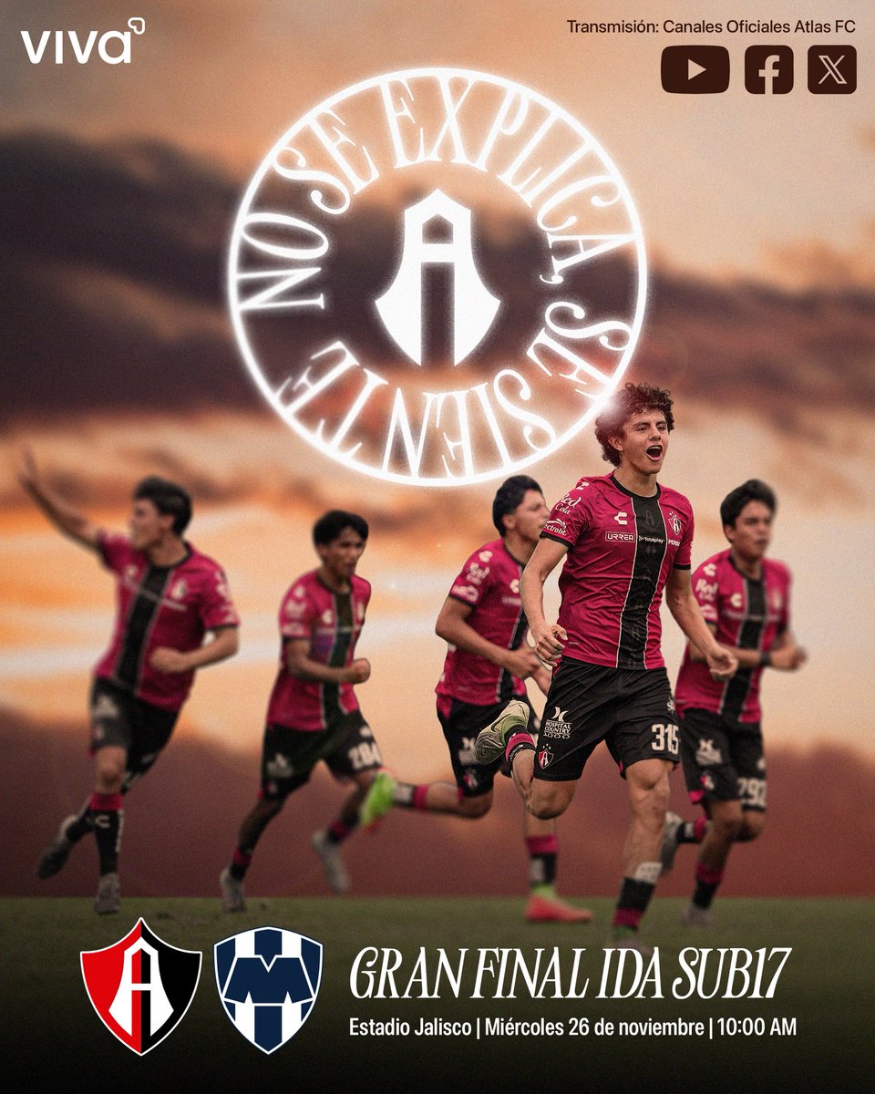 AtlasFC's tweet image. ¡BUENOS Y ROJINEGROS DÍAS, FIEL! ❤️🖤

Hoy desde El Jalisco se juega la Gran Final de Ida #Sub17 y nuestros Académicos buscarán hacer valer la Casa Rojinegra junto a @VivaAerobus 

¡Los esperamos en El Monumental! 🏟️🦊