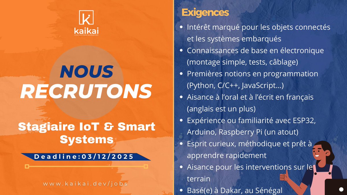 kaikaiorg's tweet image. Nous cherchons un(e) Stagiaire IoT &amp;amp; Smart Systems pour travailler sur nos projets capteurs (qualité de l’air) et Smart Office.

📅 Candidature avant le 03 dec. 2025
👉 Postuler : kaikai.dev/fr/jobs/detail…

#Recrutement #IoT #SmartSystems #senegal #Kaikai #Stage2025 #kebetu