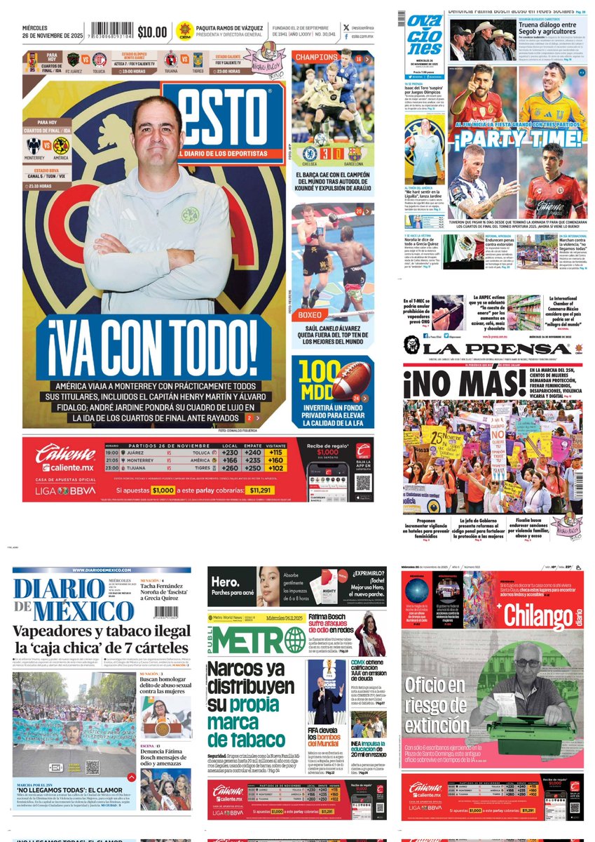 castroclemente's tweet image. Las #PrimerasPlanas 
#Portadas 

Hay #monos enloquecidos 

EsTT: Fernández Noroña por sus ataques a Grecia Quiroz; Gobernación y #bloqueos Alejandro Fernández 
#MañaneraDelPueblo
#KornoAtolondrado 

#TromposyPirinolas
#FelizMiércoles