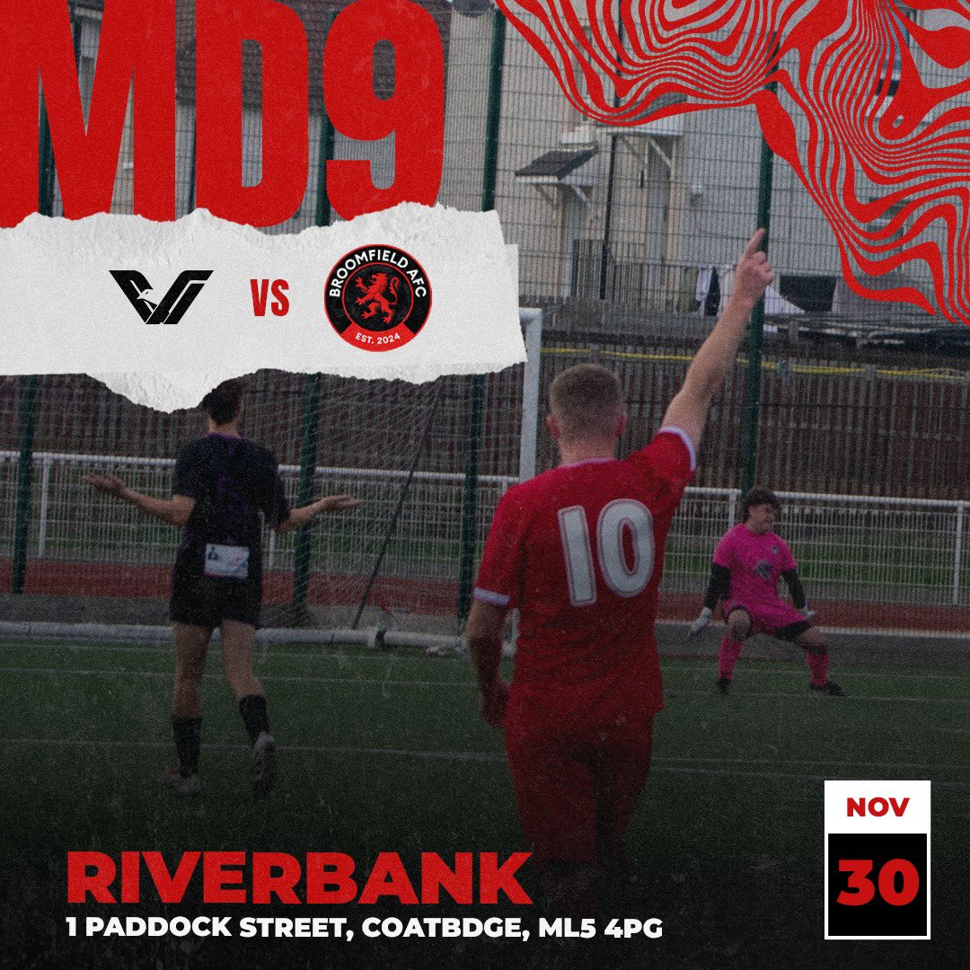 A&amp;C Premiership
Matchday 9

Ravenswood AFC vs Broomfield AFC

Sunday 30th November, 12pm ko, Riverbank Comminity Hub

All support welcome. 

MonTheBroomy⚫️🔴

<a href="/scottish_aff/">AmateurFixturesResultsSCO</a>