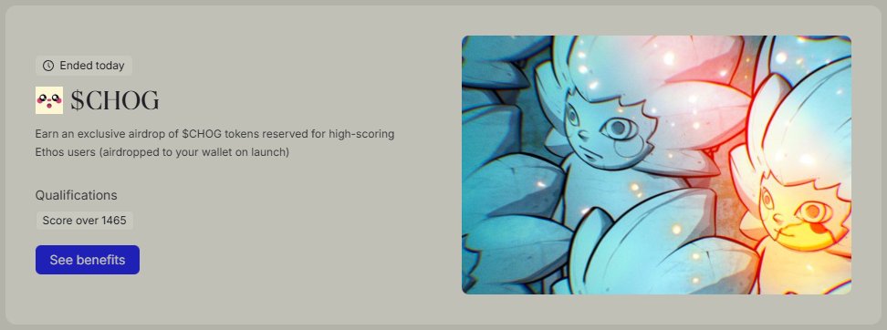 Day 367: Ethos users with a score over &gt;1465 will receive a $CHOG airdrop.

I've been talking about it in the past thats its important to build your social presence. I advice everyone to get a score over 1600 on Ethos since it will pay off and it doesnt require any capital to do.