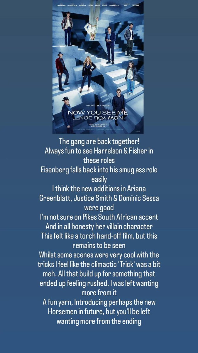 TalPrime's tweet image. I watched #NowYouSeeMe this afternoon and whilst a good yarn to begin with, with great introduction to new main characters in Greenblatt, Smith and Sessa the magic of the film falls flat by the climax. Some great and slick scenes but I was left wanting more from the ending