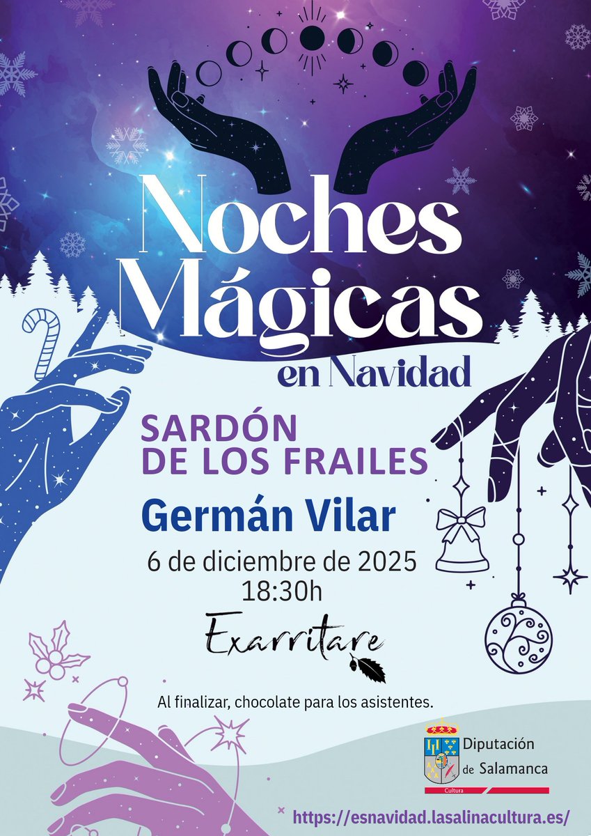 NOCHES MÁGICAS EN NAVIDAD.

🎩 Actuación de magia de Germán Vilar.

📅 6 de diciembre a las 18.30h.

☕ Al finalizar, chocolate para los asistentes.

📍 Exarritare.