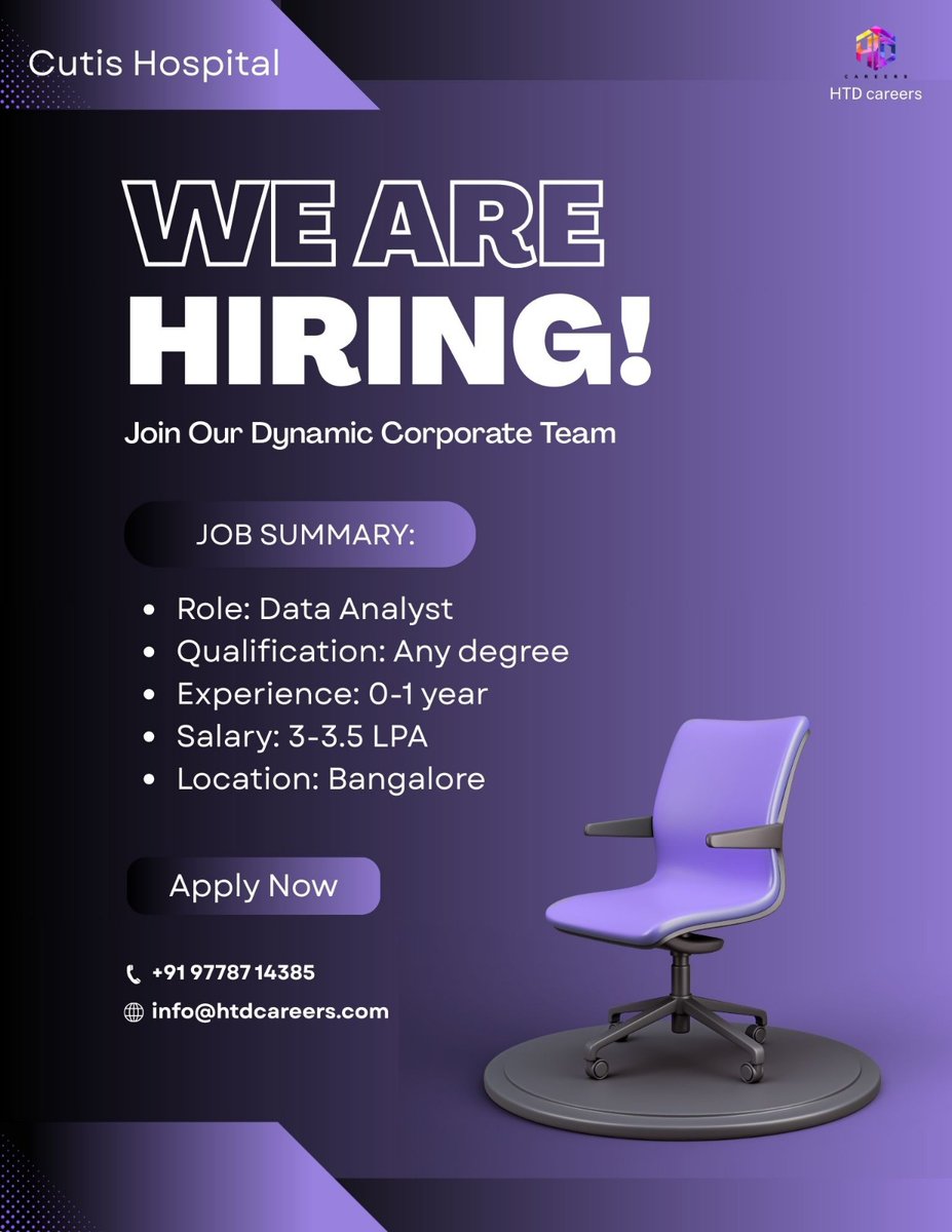 HtdCareers's tweet image. Cutis Hospital is hiring!
Role: Data Analyst
🎓 Any Degree | Exp: 0–1 yr
💰 Salary: ₹3–3.5 LPA
📍 Location: Bangalore

#CutisHospital #DataAnalyst #BangaloreJobs #HiringNow #FreshersJobs