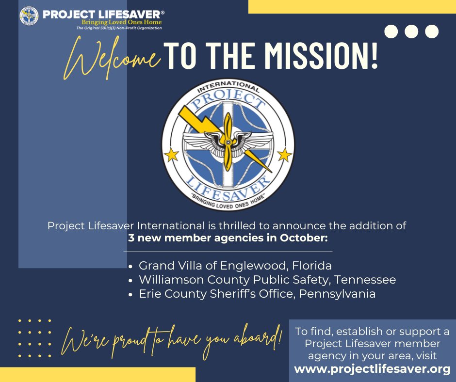 ProjectLifesavr's tweet image. Project Lifesaver International welcomes 3 new #firstresponder agencies in October! We&apos;re proud to have you aboard the ongoing mission of &quot;bringing loved ones home&quot; via expedited #specialneeds #searchandrescue involving #autism, #Alzheimer&apos;s, #dementia #braininjury and more.