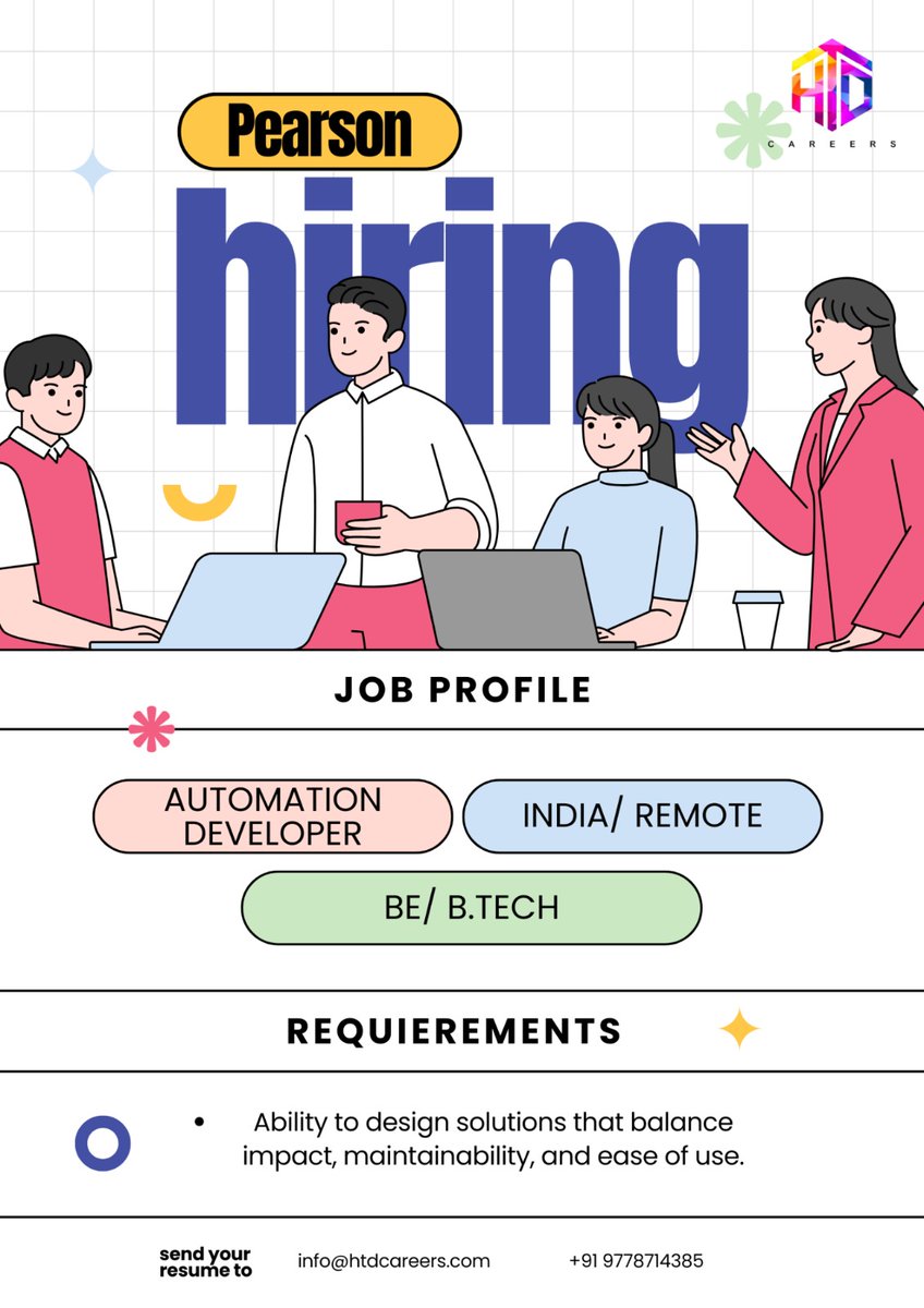 HtdCareers's tweet photo. Kickstart your tech career with a global leader!
#PearsonHiring #AutomationDeveloper #RemoteJobsIndia #TechJobs #HiringNow #JobAlertIndia #BTechJobs #EngineeringJobs #HTDCareers #CareerOpportunity https://t.co/KqfkYo1lwj