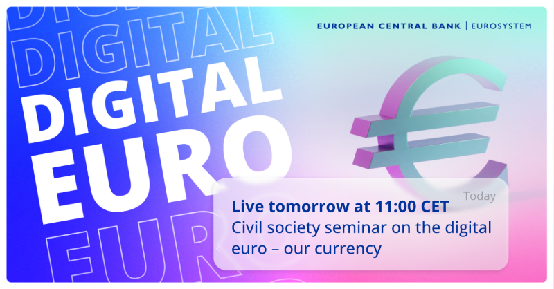 ecb's tweet photo. What do consumers and retailers want the digital euro to be like? What will the next phase of the project involve?
Join our online seminar with civil society organisations as we discuss these topics and share user research insights from our team and @BEUC.