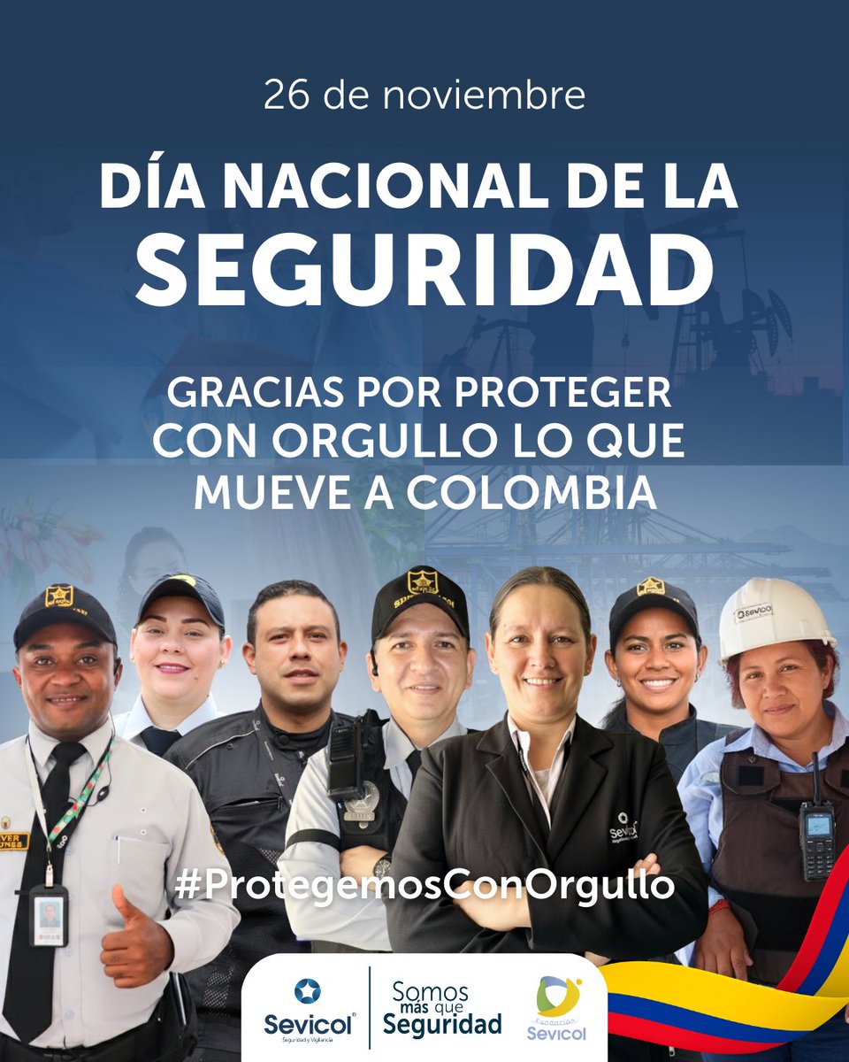 🛡️✨ Hoy, 26 de noviembre, celebramos el Día Nacional de la Seguridad
En Sevicol rendimos homenaje a quienes, con compromiso y orgullo, protegen lo que mueve a Colombia.

 ¡Gracias por proteger con orgullo! 🇨🇴💙

#DíaNacionalDeLaSeguridad #ProtegemosConOrgullo #DíaDelVigilante
