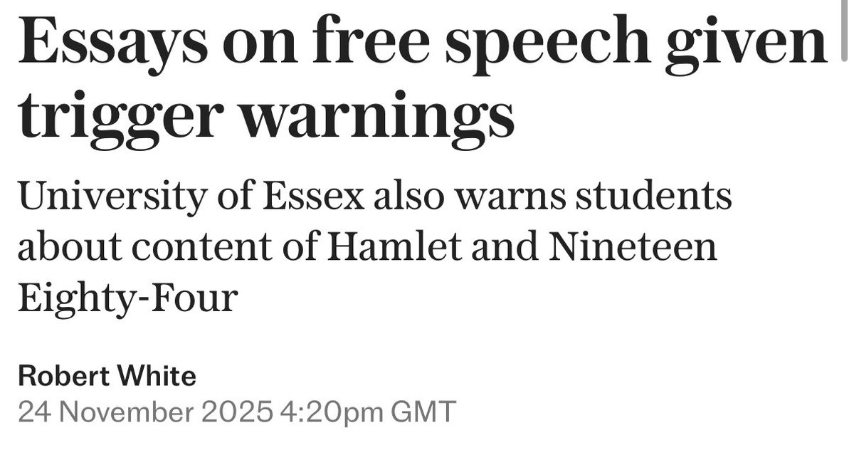 SpeechUnion's tweet image. Essays on free speech given trigger warnings at the University of Essex.

A Freedom of Information request (FOI) reveals that the University of Essex has added content alerts to five essays discussing freedom of expression.

The FOI also uncovered content alerts on texts used for…