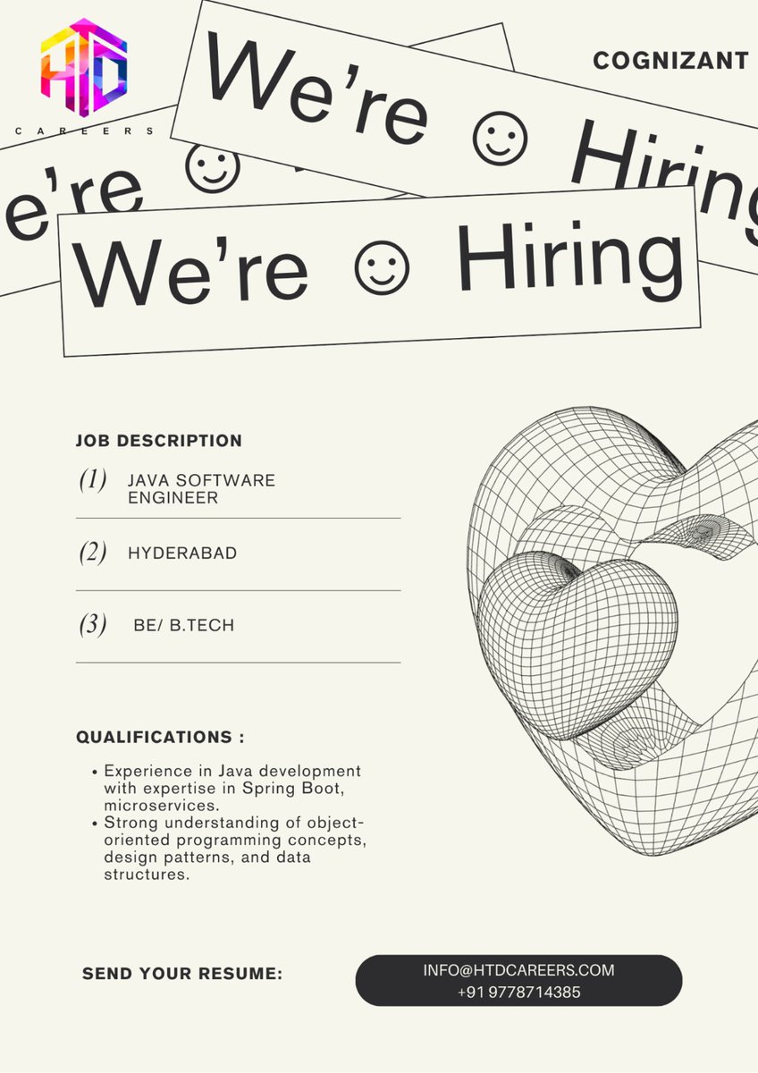 HtdCareers's tweet image. Code the future with Cognizant!
#CognizantHiring #JavaDeveloper #JavaJobs #SpringBoot #Microservices #TechJobsIndia #BTechJobs #SoftwareEngineer #HTDCareers #HiringNow