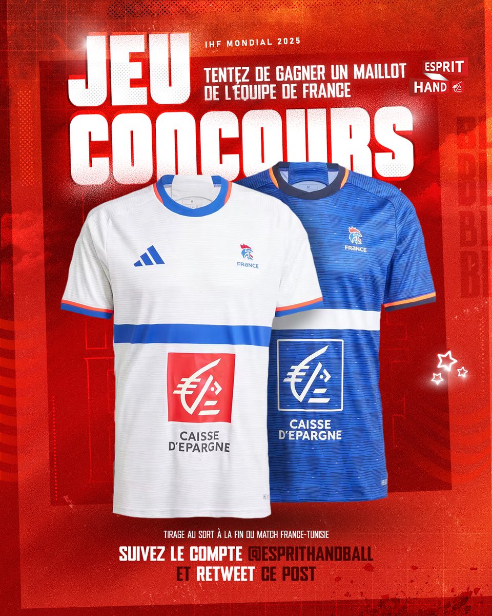 #VousEtreUtile
JEU CONCOURS 🤩
A l'occasion du Mondial des Bleues qui démarre demain avec le match #FRATUN, on vous offre un maillot des équipes de France ! 🙌
Follow + RT pour participer au tirage au sort🤞
#EspritHandball