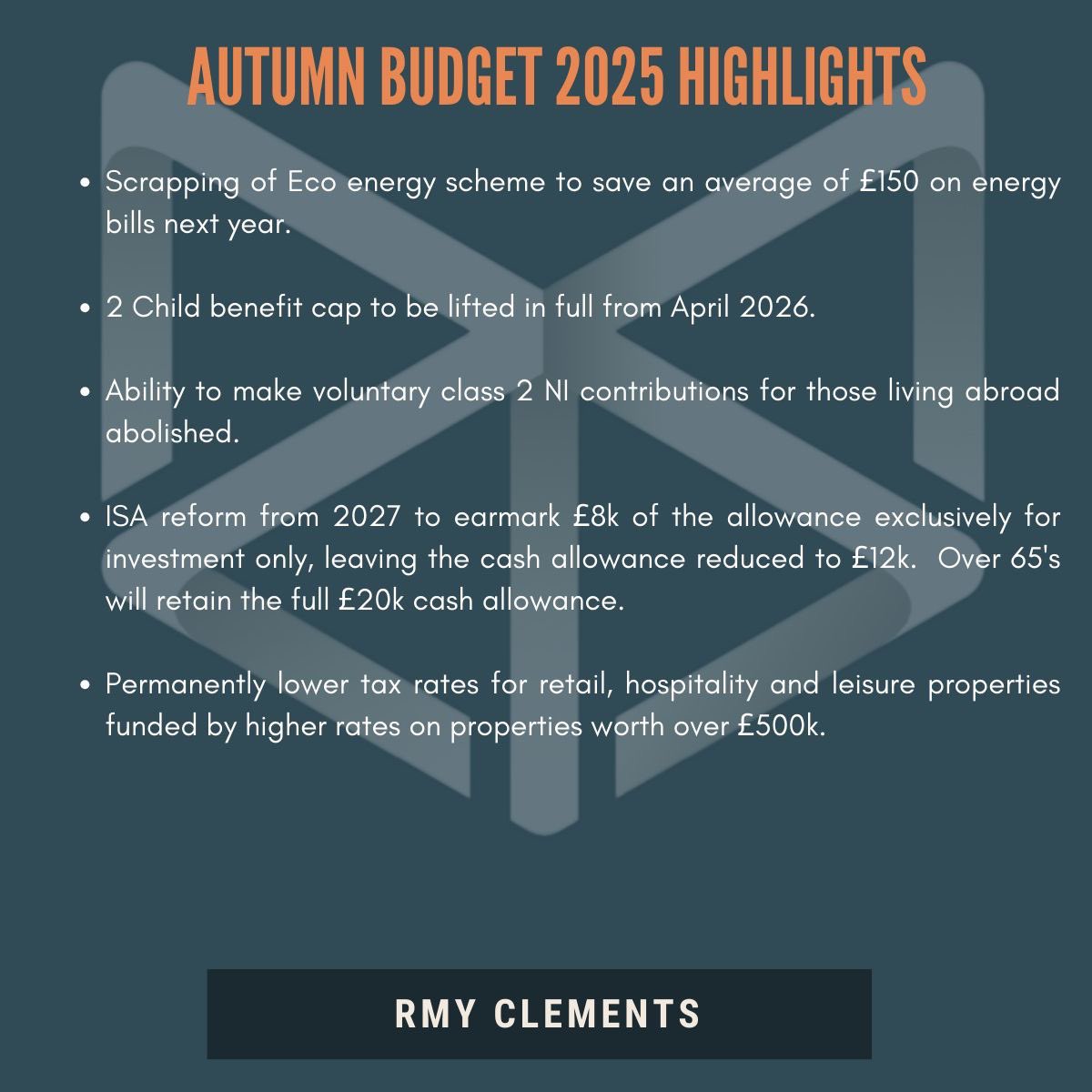 rmyclements's tweet photo. Chancellor Rachel Reeves has delivered her 2025 Autumn Budget. Some of the key announcements are detailed below. https://t.co/HLIxtAw11R