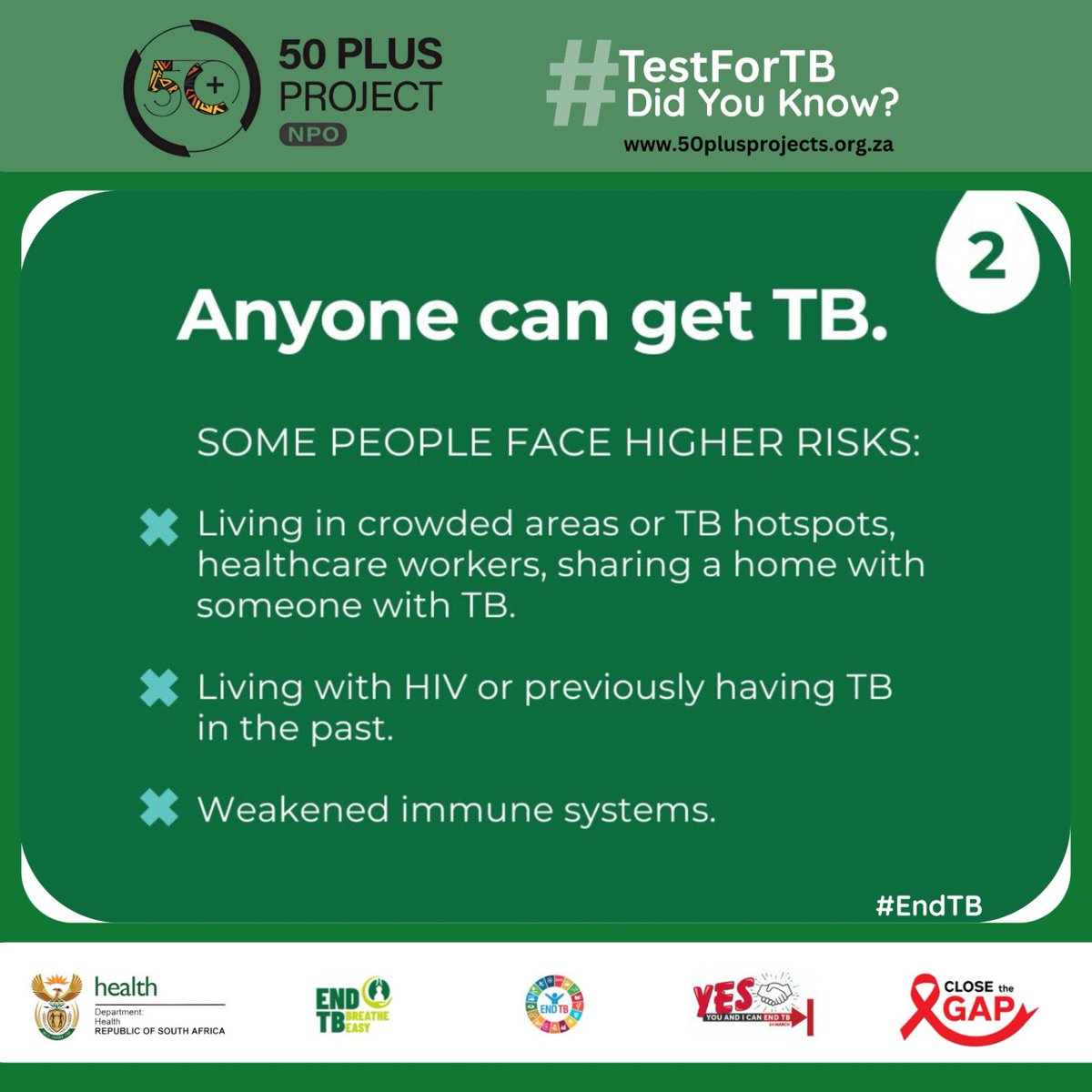 50plusprojects's tweet photo. By making it a norm to cover your mouth with your elbow or a tissue when coughing 😷or sneezing🤧, throw the tissue in a closed bag an wash your hands regularly will prevent getting #TB an spreading it #TestForTB #BreatheEasy #EndTBSA
#CloseTheGap #AgingWithDignity #50PlusStrong https://t.co/hdHGvCF7FT